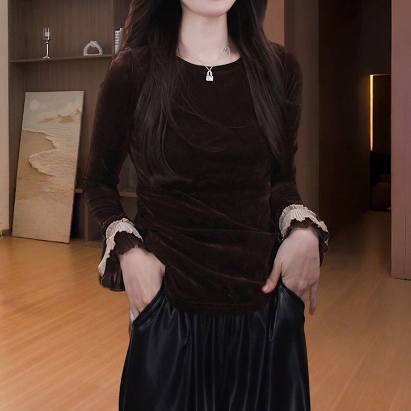 设计感压褶喇叭袖丝绒t恤女秋冬季新款大码显瘦高端洋气别致上衣