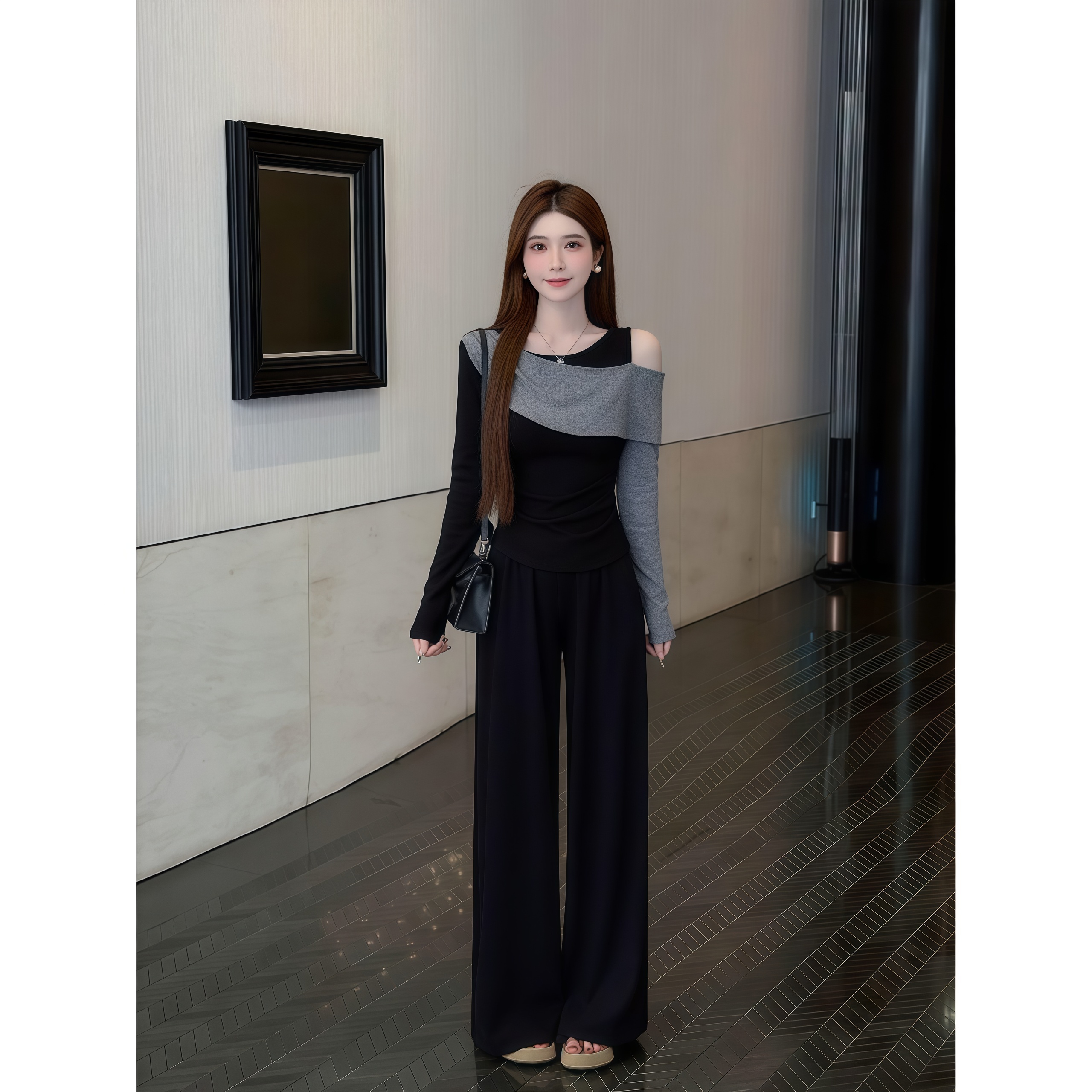 纯欲风时尚小众撞色假两件上衣女秋季新款显瘦休闲阔腿裤两件套装