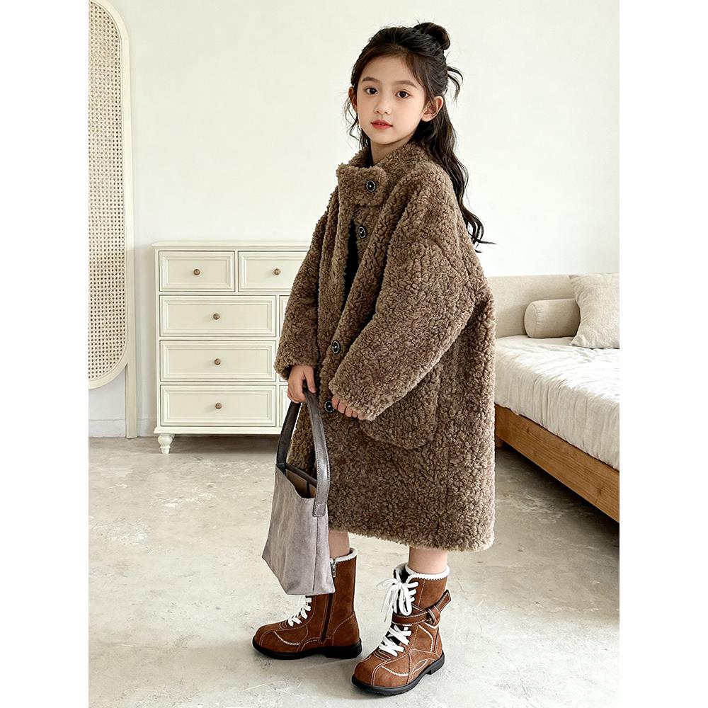 奥莱正品女童毛绒外套冬季毛毛衣新款儿童加绒棉袄中长款棉服休闲