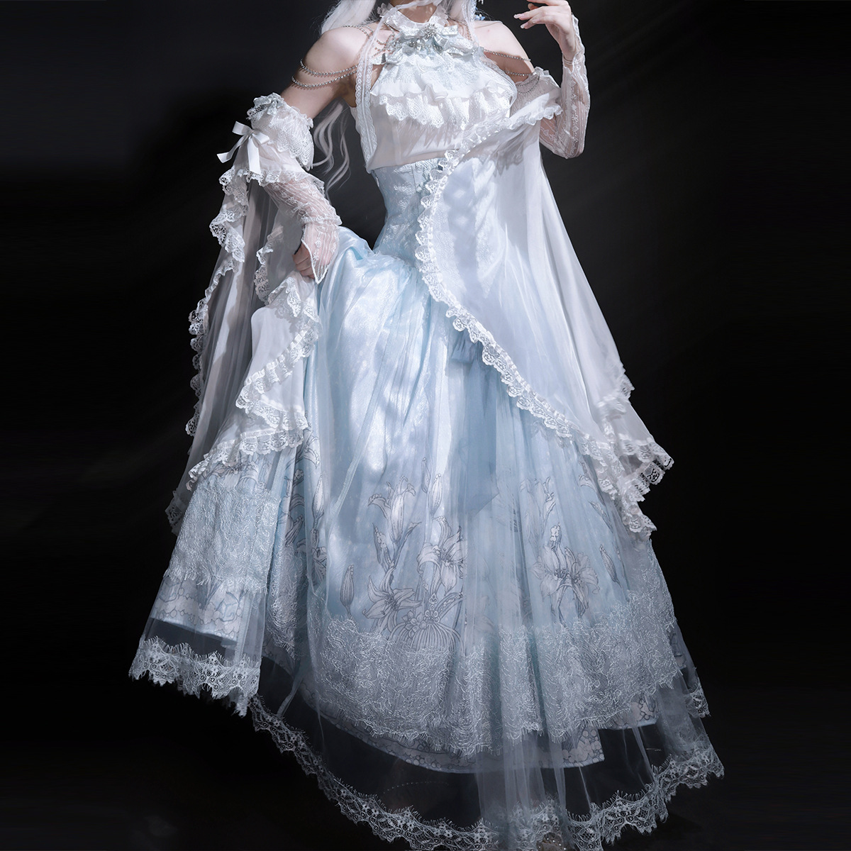 锦慕冰雪百合仙气优雅可爱少女鱼骨腰中长款Lolita上衣半裙套装