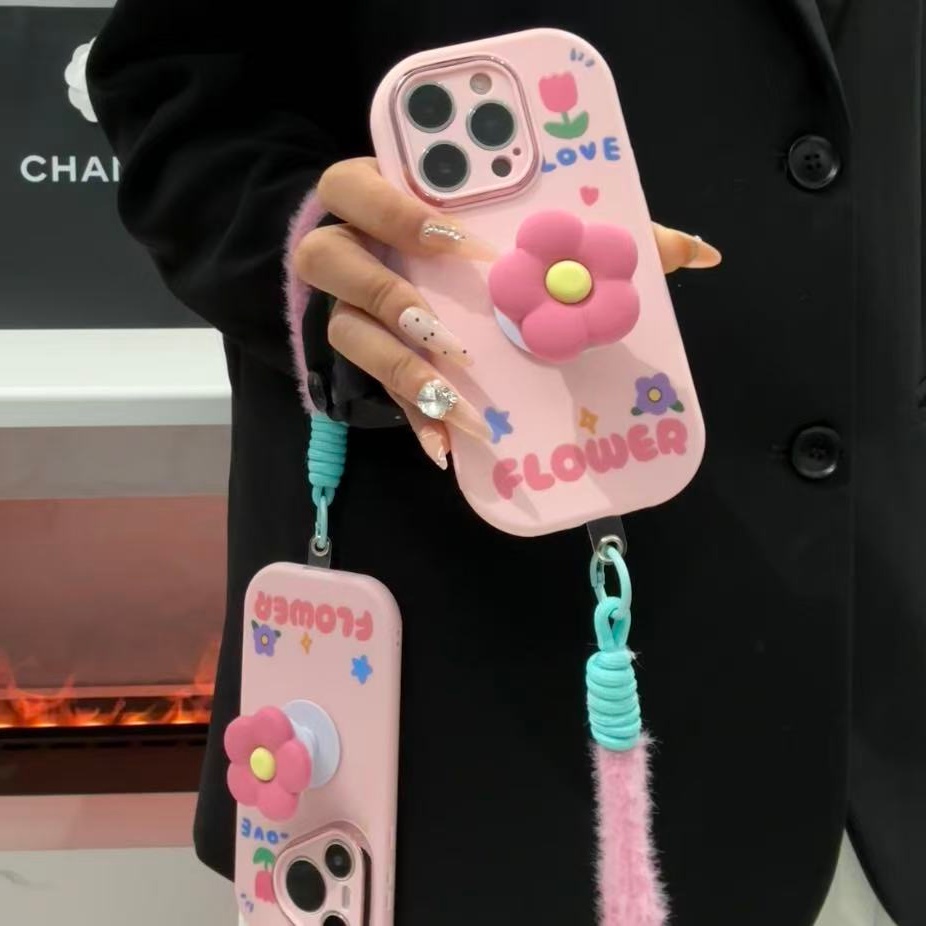 GGBond粉色花朵支架挂绳适用苹果17胖子16手机壳华为vivo小米oppo