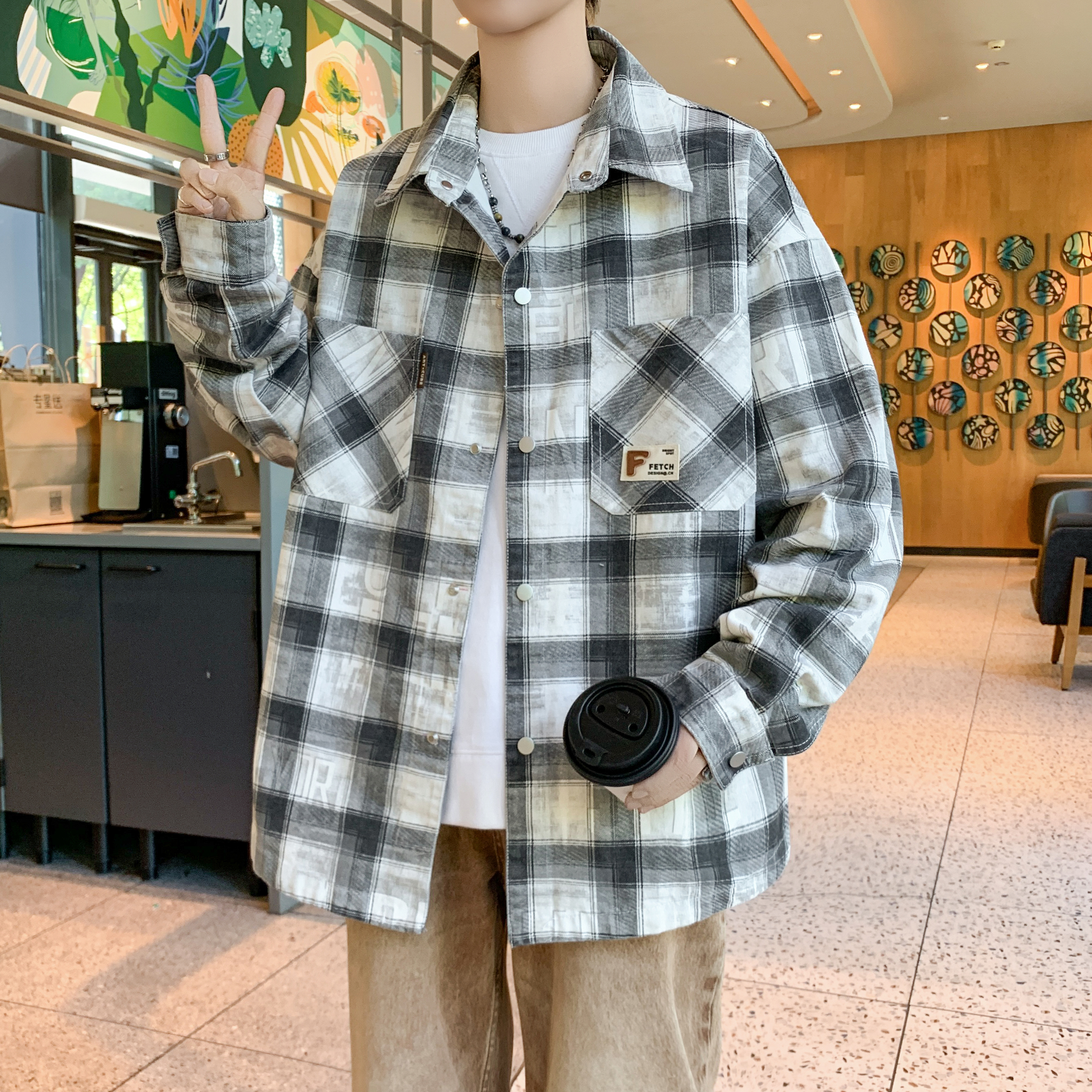 秋季新款格子牛仔衬衫男生潮流百搭衬衣外套青少年时尚帅气上衣男