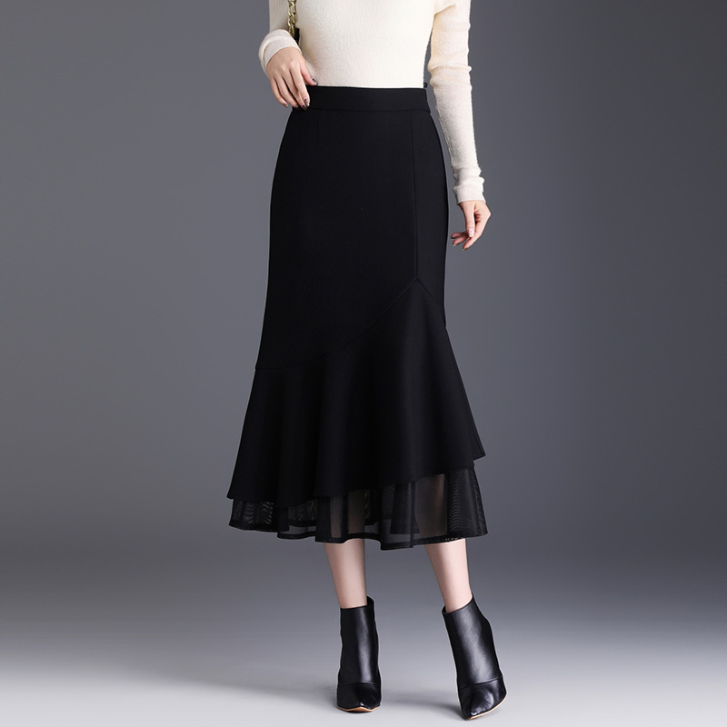 鱼尾裙女裙网纱边秋季新款气质长裙高级感女士黑色半身裙包臀裙子