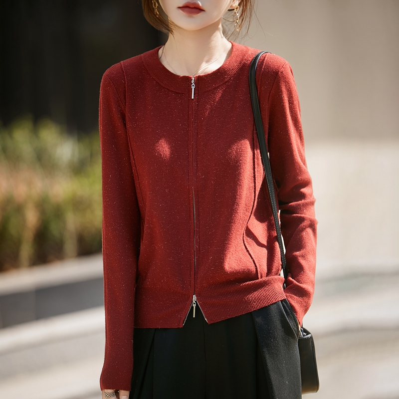 双头拉链圆领宽松针织开衫女秋冬新款高级感显瘦毛衣长袖外套上衣