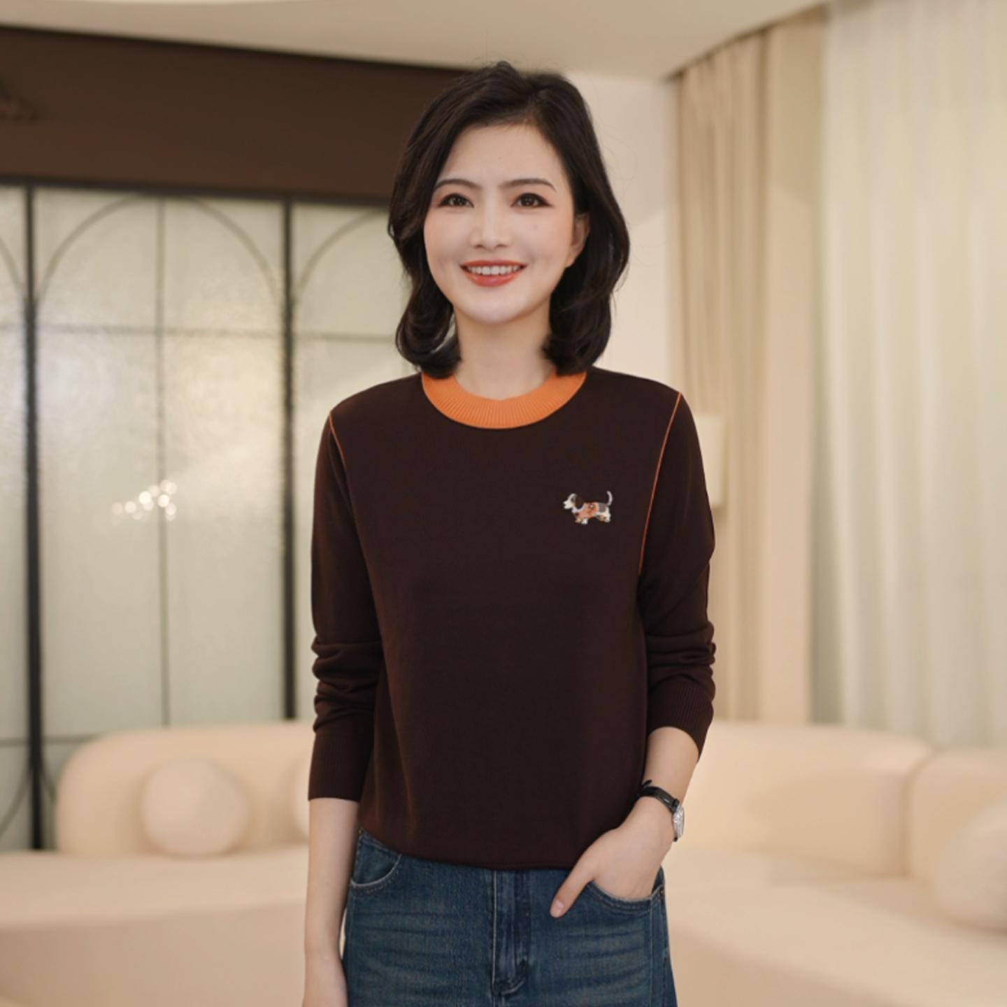 枫竺阿楠anan100莱赛尔圆领撞色刺绣针织衫出游服饰女秋季上衣