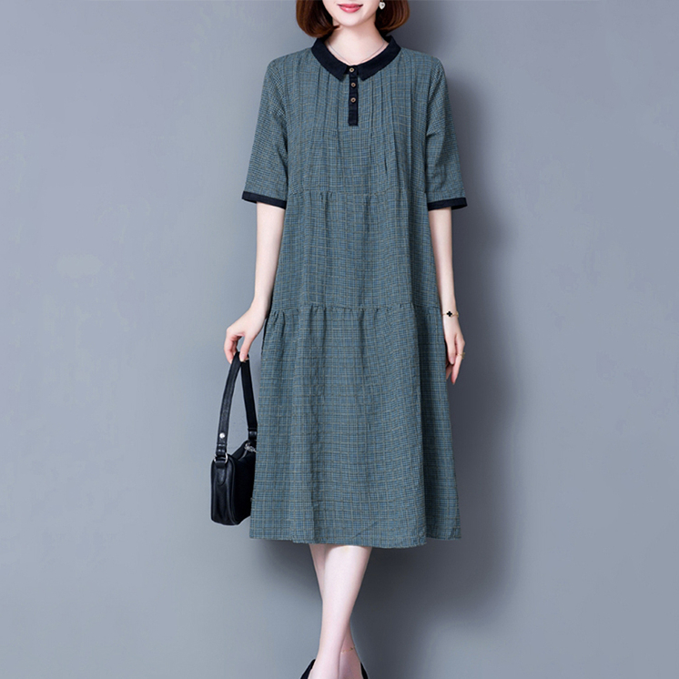 棉麻格子连衣裙女洋气简约中长款气质裙子大码宽松短袖时尚A字裙