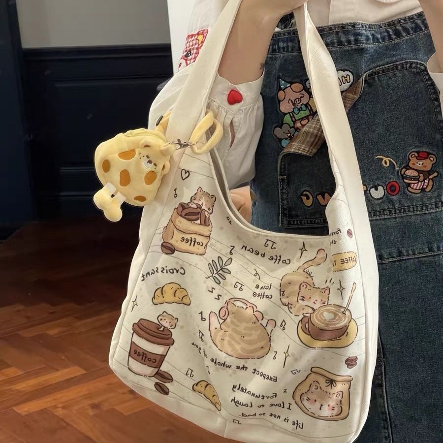 2025新款卡通猫狗单肩包百搭大容量学生帆布包通勤托特外出大合T