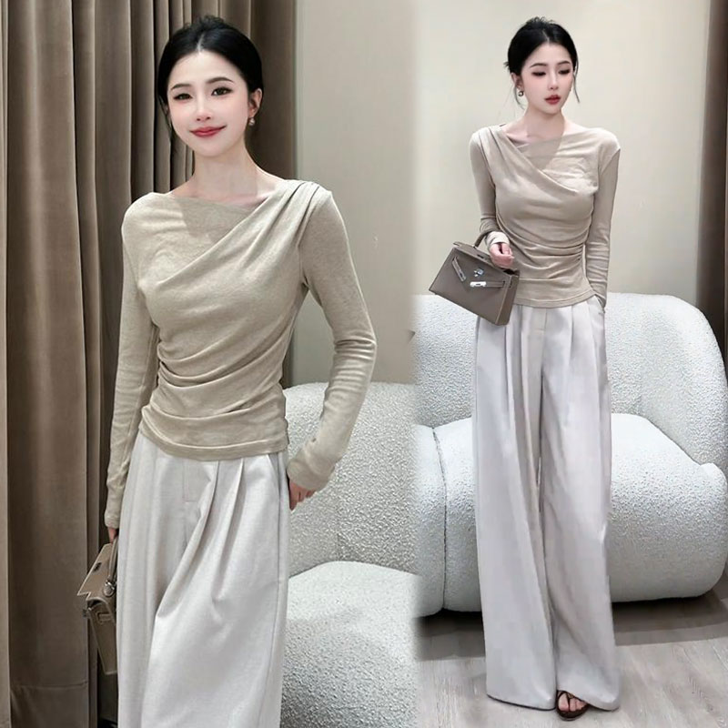 La babite时尚套装女秋季新款洋气设计感斜领打底衫阔腿裤两件套