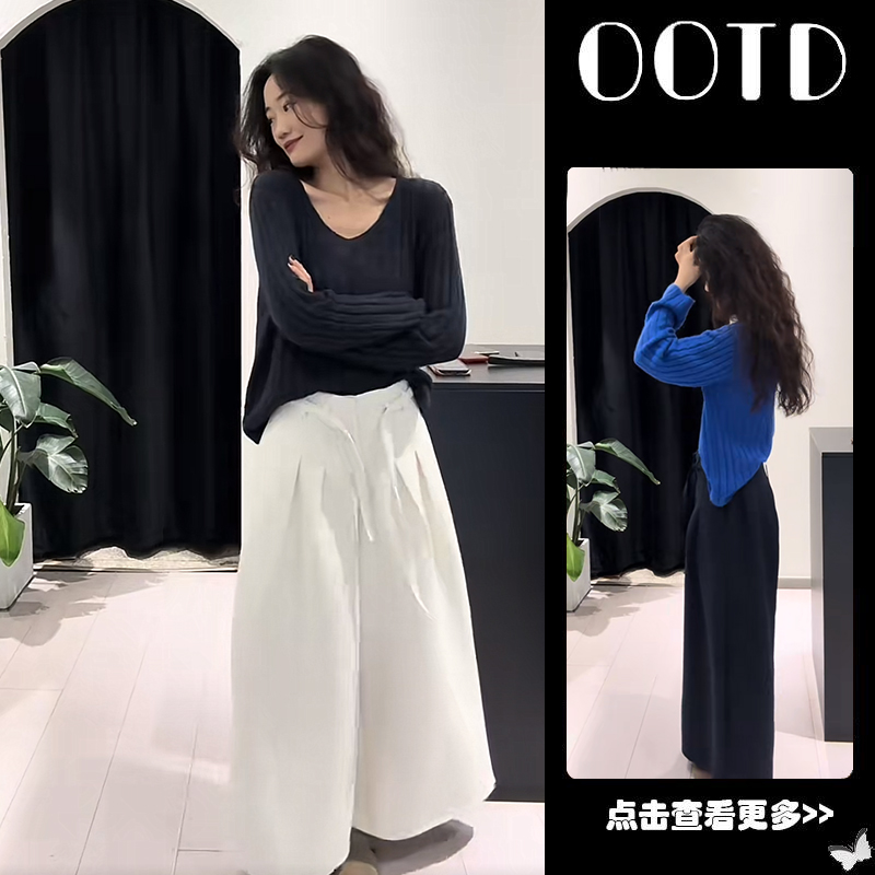 【现货】超火秋冬穿搭一整套女2025新款V领宽松针织衫阔腿裤两件套