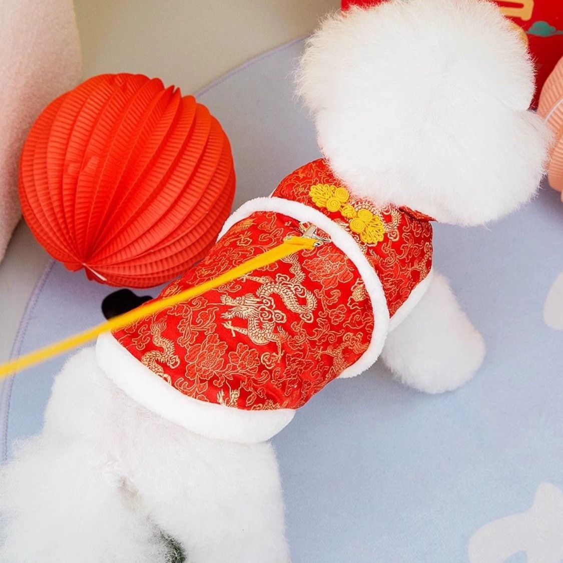 小型犬泰迪比熊秋冬过年吉祥新年战衣宠物加绒防寒中式风格涤纶材