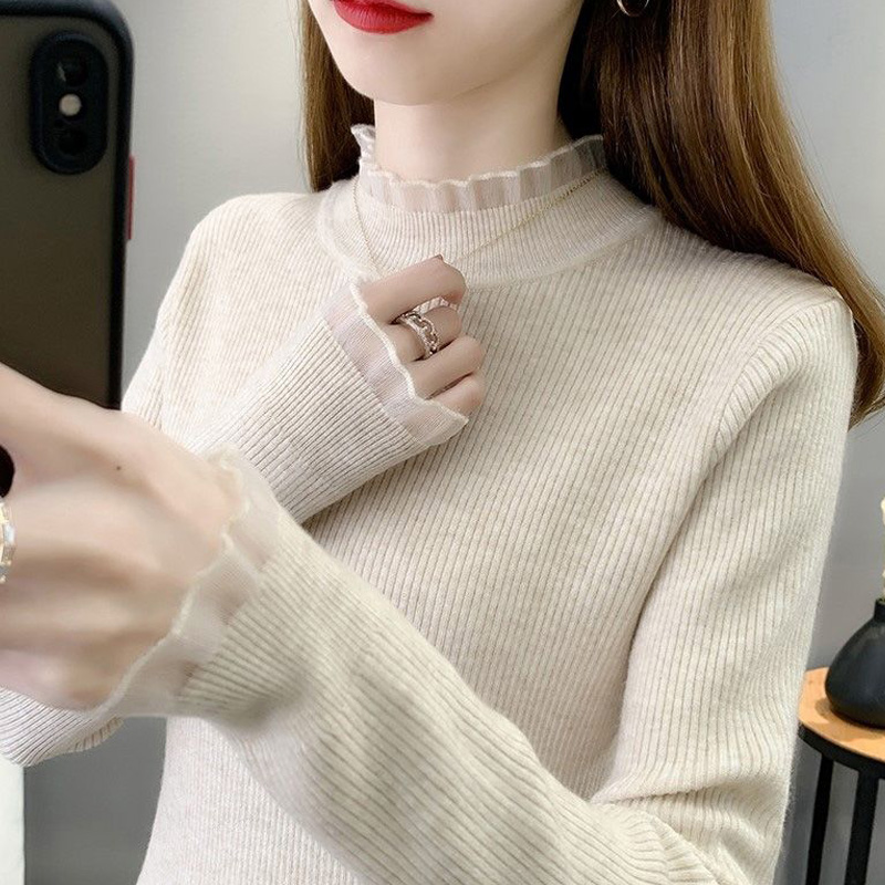 2118蕾丝领显瘦针织打底上衣打底衫内搭长袖修身毛衣百搭