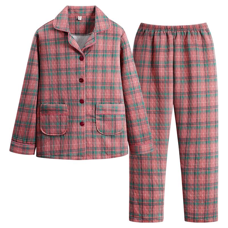 睡衣女士秋冬夹层长袖中年妈妈大码空气中老年人家居服套装