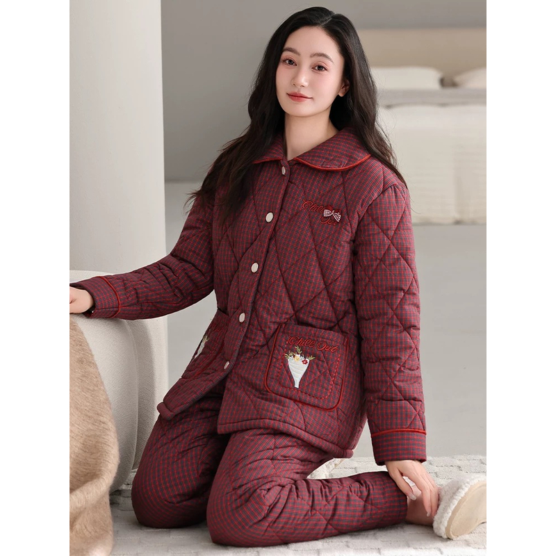 高档女士睡衣冬季梭织纯棉三层夹棉袄加绒加厚保暖抗寒家居服套装