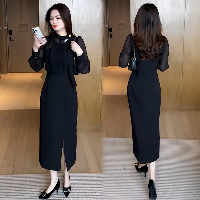 黑色连衣裙女气质优雅2025年春季新款洋气显瘦遮肉时尚中长款裙子