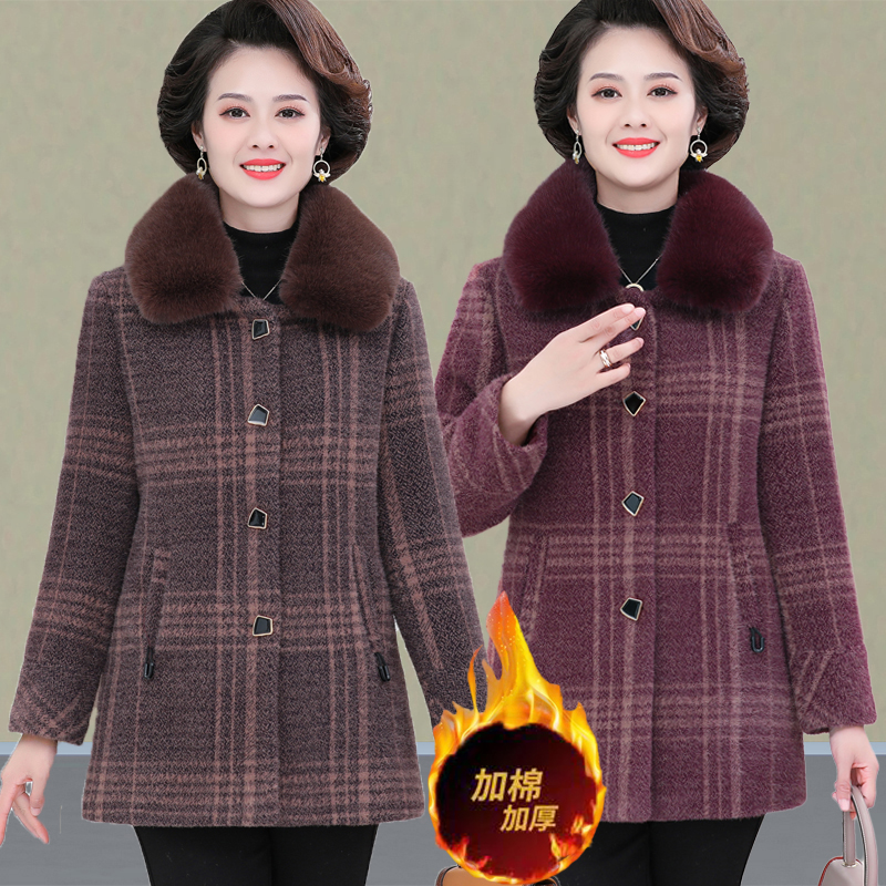 妈妈秋冬装水貂绒外套女洋气格子毛呢大衣2025新款中老年人上衣服