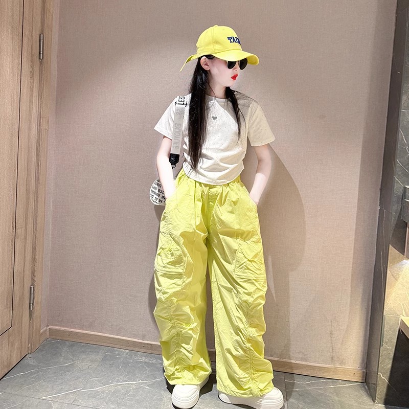 女童工装裤套装酷飒风夏薄款2025新款儿童潮酷穿搭女大童速干裤子