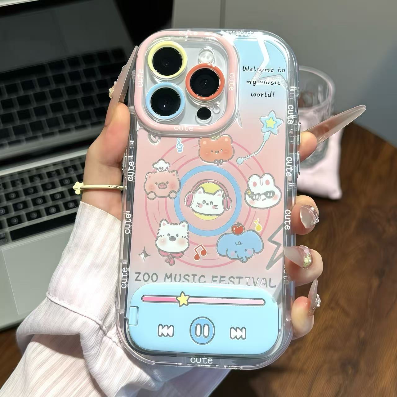 音乐小狗照支架适用iPhone17Pro新款16大孔手机壳15苹果14透明13/