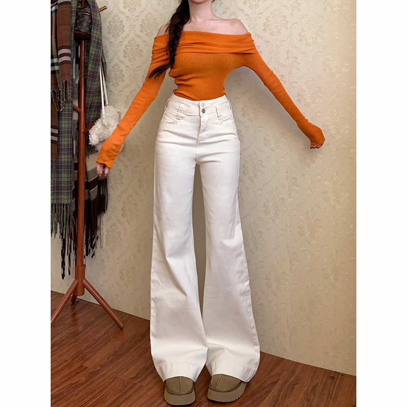 米白色不贴腿微喇牛仔裤女2025年冬季新款高腰百搭显瘦显高长裤