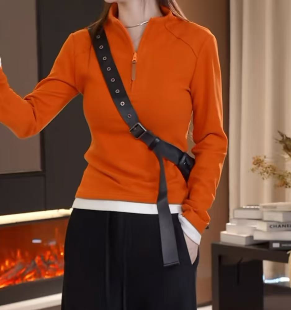 长袖拉链上衣女2025冬季新款拼接双面绒拼色保暖半高领打底小衫