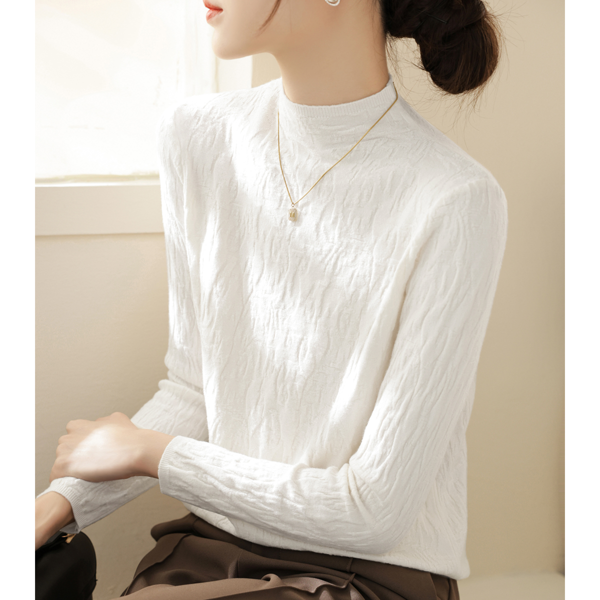 时尚半高领肌理感纹理设计高级感长袖套头女装新款秋季上衣打底衫