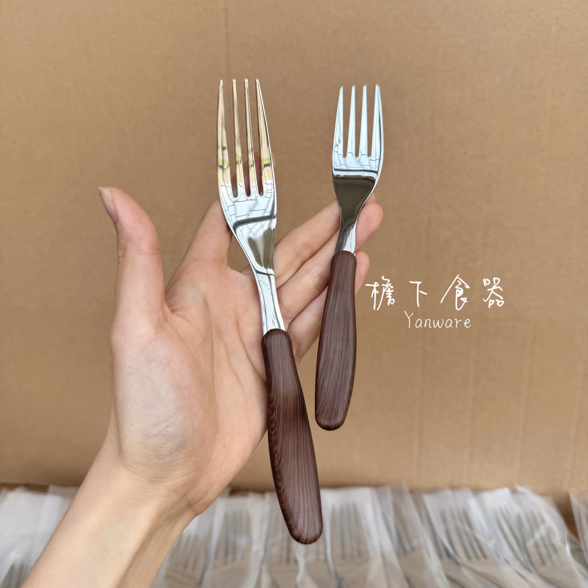 檐下食器1810不锈钢仿木纹叉子家用创意韩式长柄叉子儿童小叉餐具