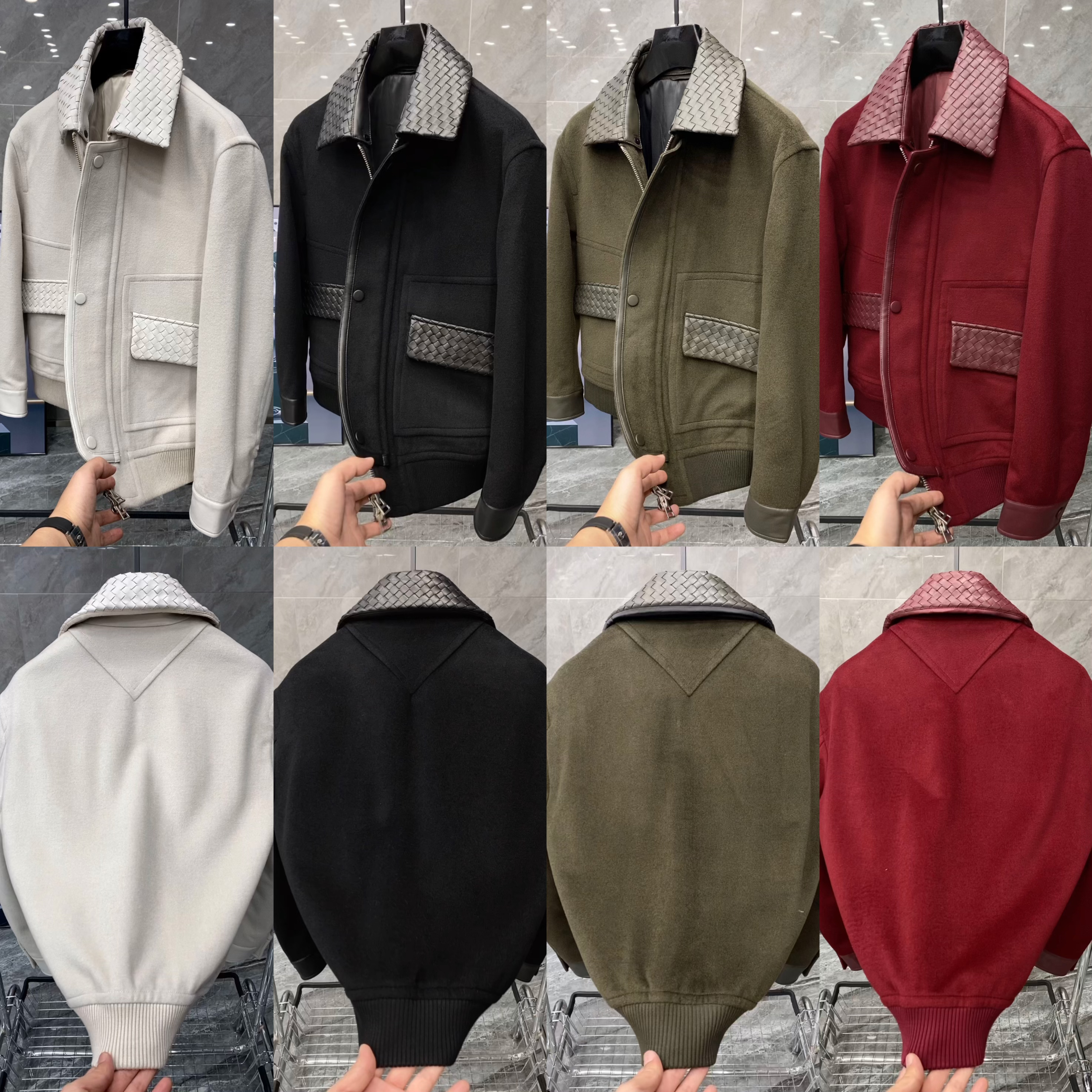 秋季新款男士时尚休闲高端羊毛100%拼编织皮翻领夹克外套 6881