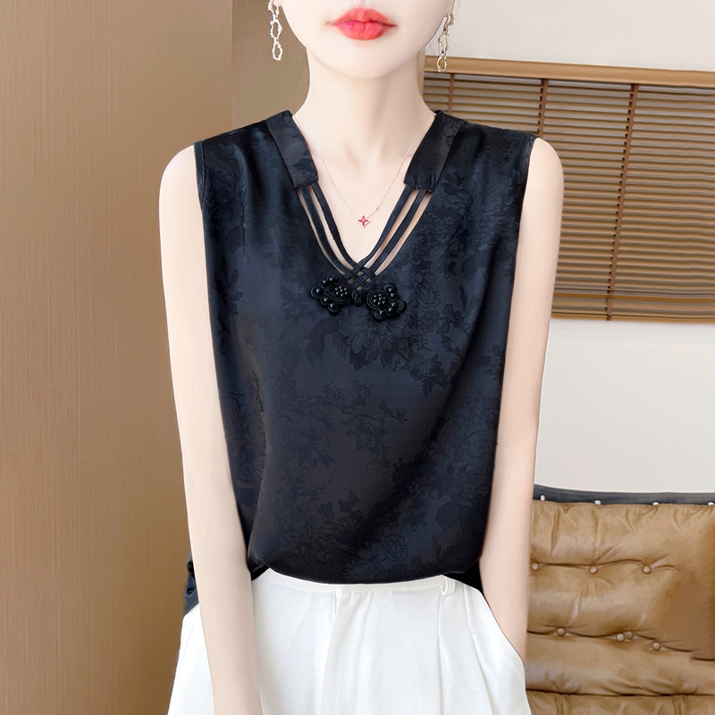 新中式国风缎面吊带背心女V领夏季提花显瘦内搭外穿大码无袖打底
