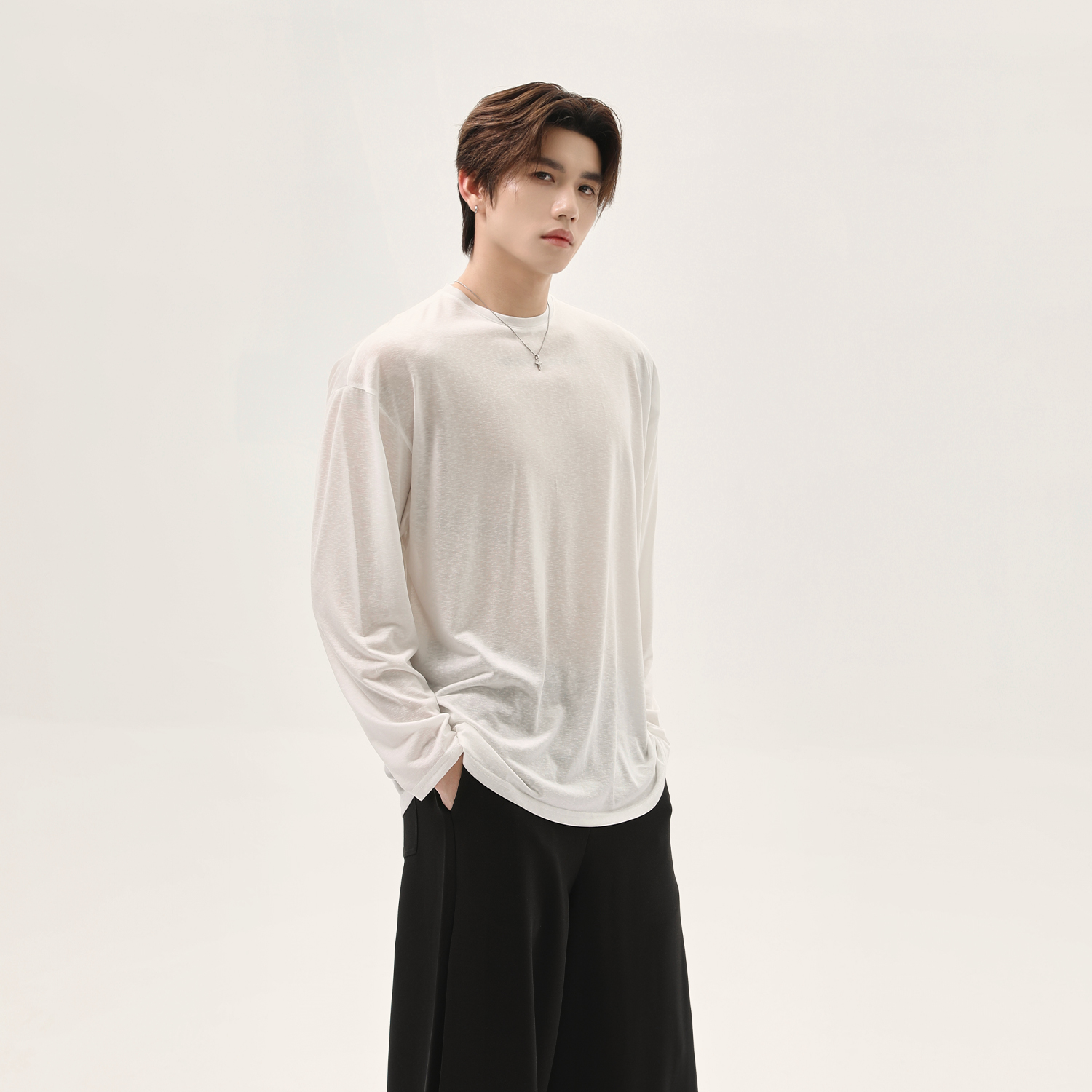 TURNTIDE小众薄款长袖T恤圆领纯色简约宽松休闲百搭透气cleanfit