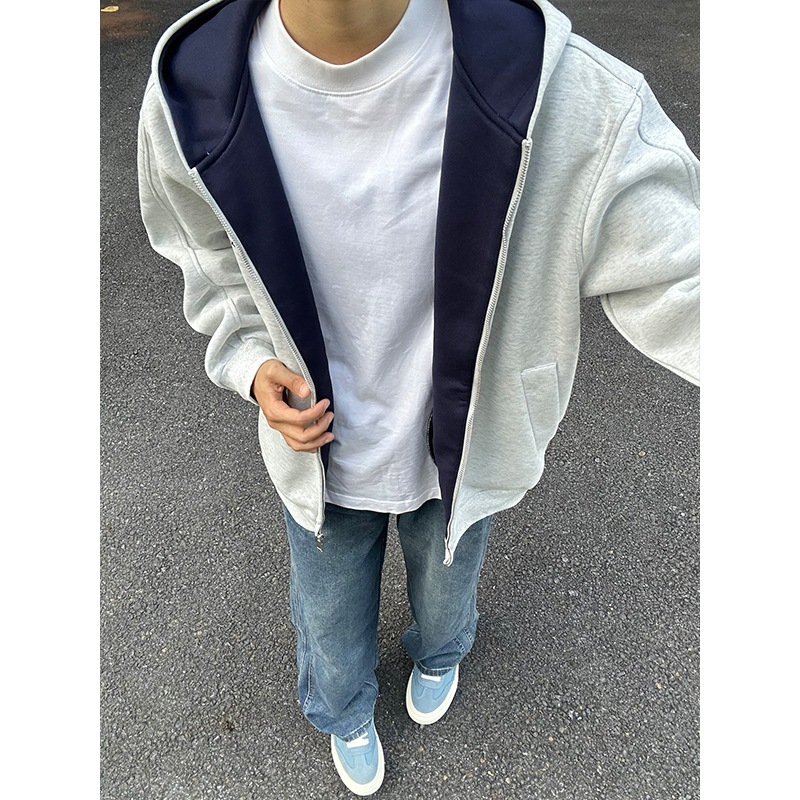 美式复古灰色开衫连帽卫衣男秋季高级感痞帅cleanfit廓形硬挺外套
