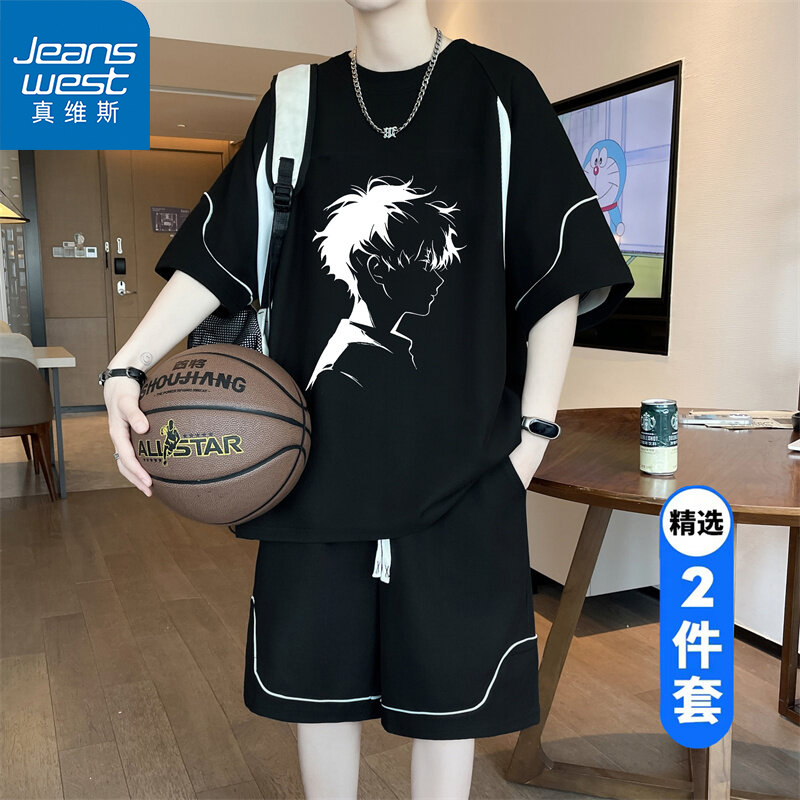 Jeanswest/真维斯男士休闲运动套装男青少年两件套男学生宽松港风