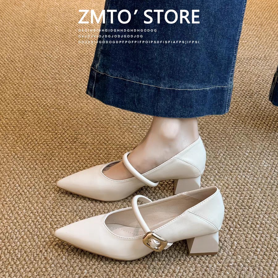 软皮法式玛丽珍鞋女2025新款晚晚风粗跟单鞋尖头一字扣浅口高跟鞋