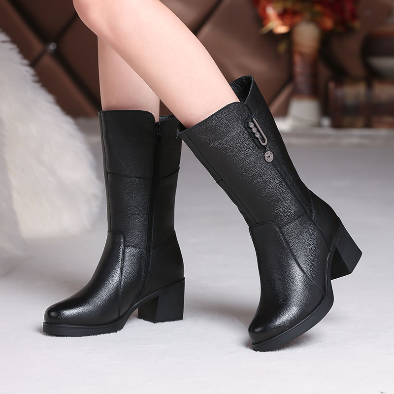 靴子女2025秋冬季真皮中筒靴加绒厚棉鞋妈妈长筒皮靴头层牛皮女靴