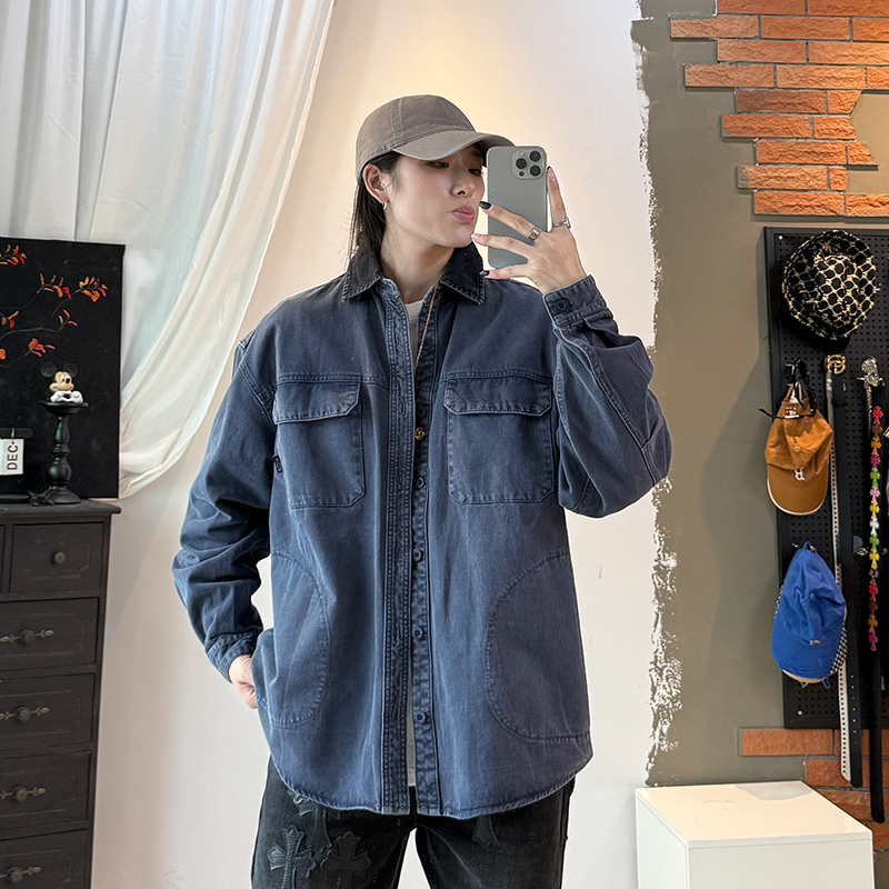 重磅320G赛络纺纱卡成衣染色廓形工装衬衫男春秋新款宽松翻领外套