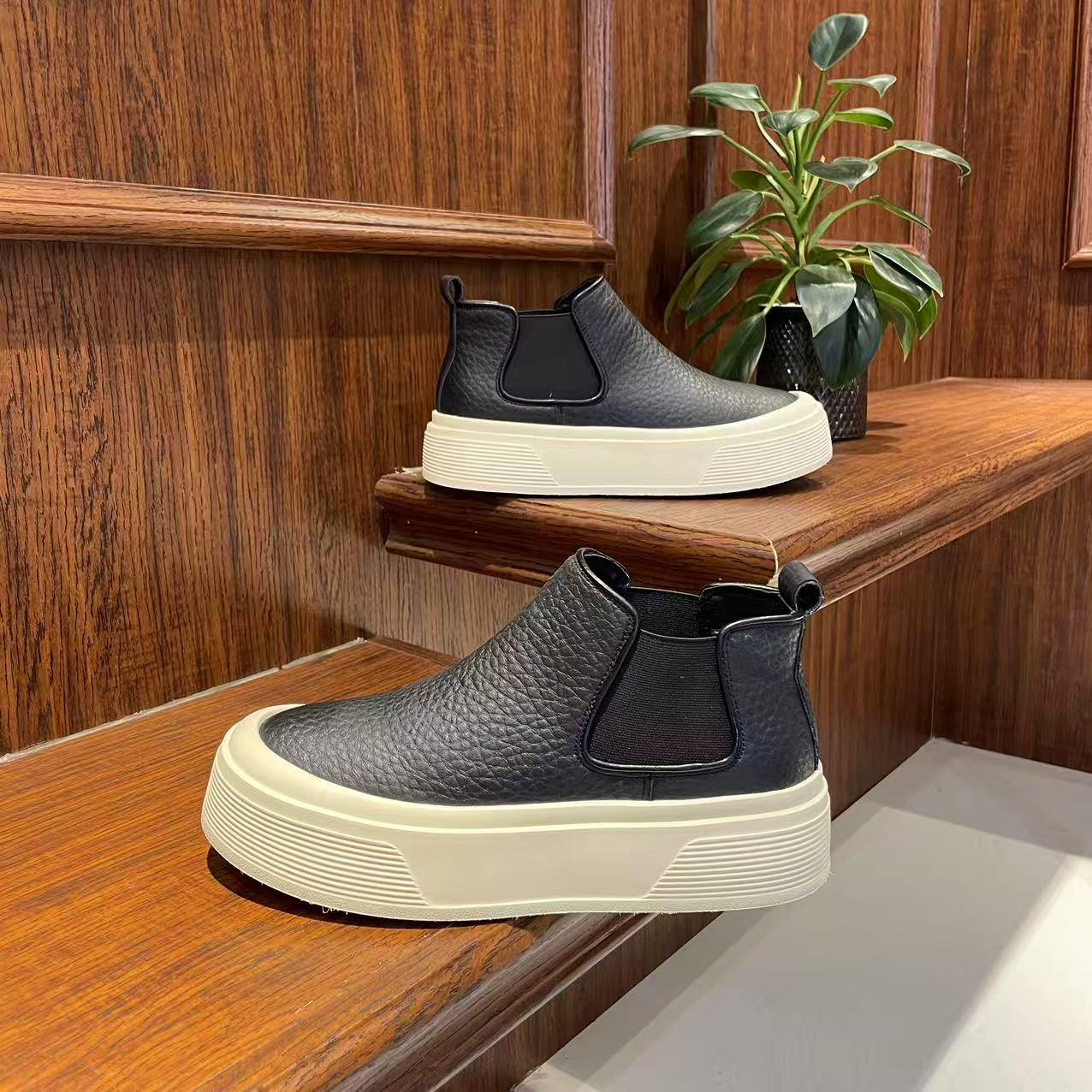 男士新款一脚蹬懒人鞋加绒保暖秋冬净版时尚百搭休闲鞋潮流男短靴