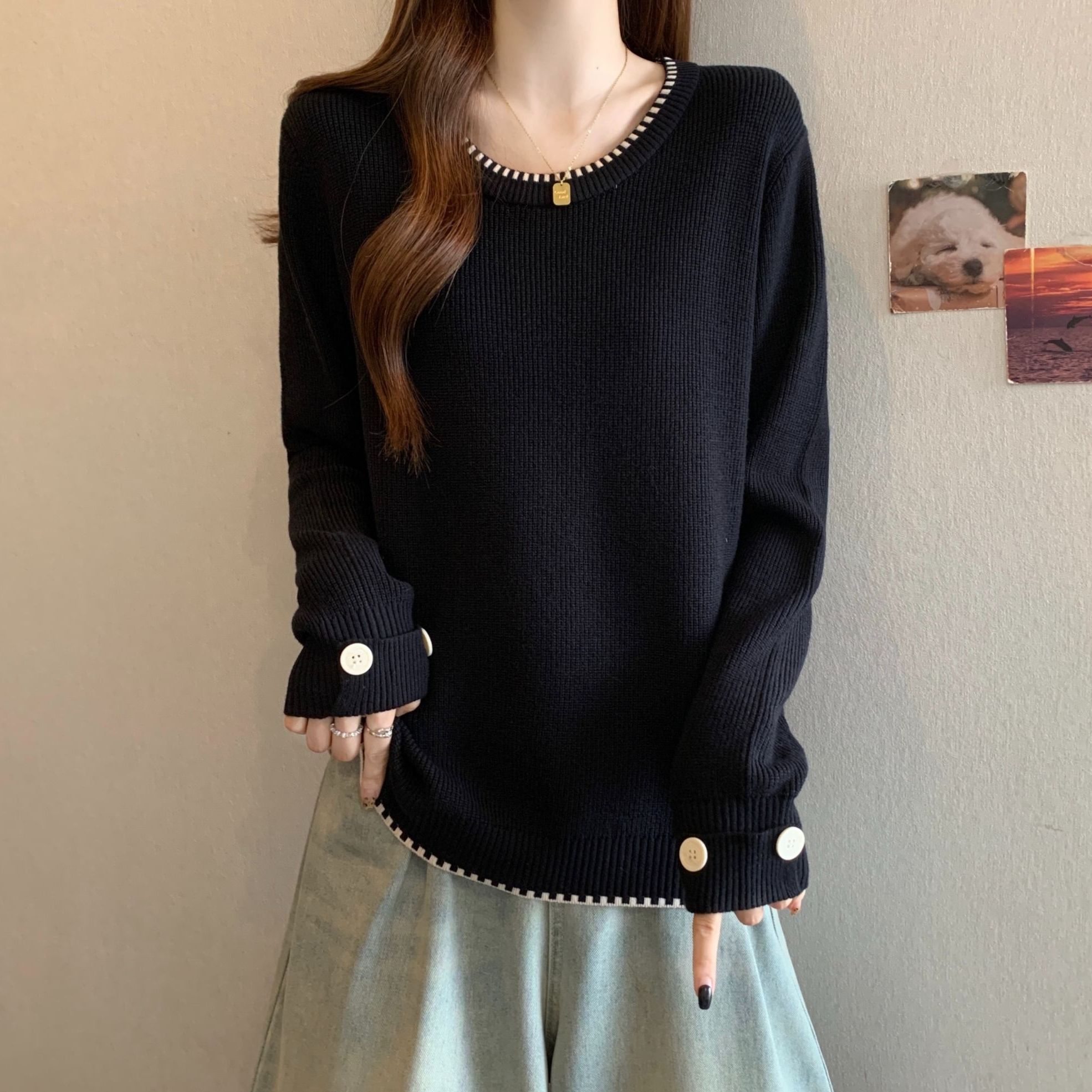 大码遮肚子纽扣加厚针织打底衫女秋冬微胖MM宽松显瘦百搭洋气毛衣