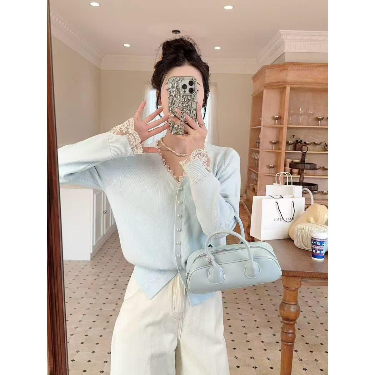 法式气质蕾丝针织开衫女2025春季新款V领修身显瘦小香风气质上衣