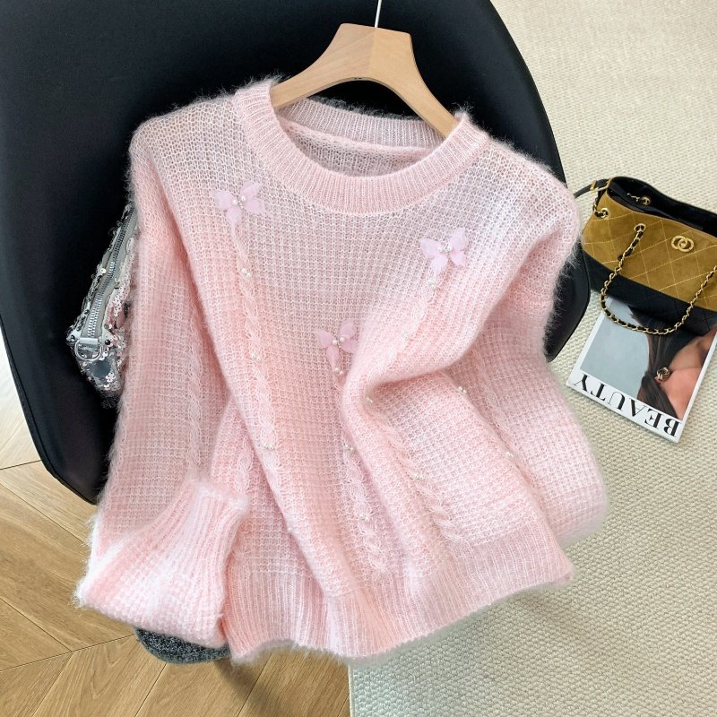 专柜撤回剪标立体蝴蝶钉珠圆领长袖针织衫女冬季新款甜美软糯毛衣