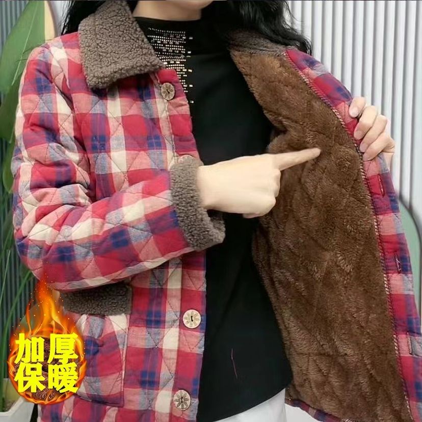 原版爆款秋冬装280斤加大码冬季女装(格子)加绒棉衣加厚棉袄外套