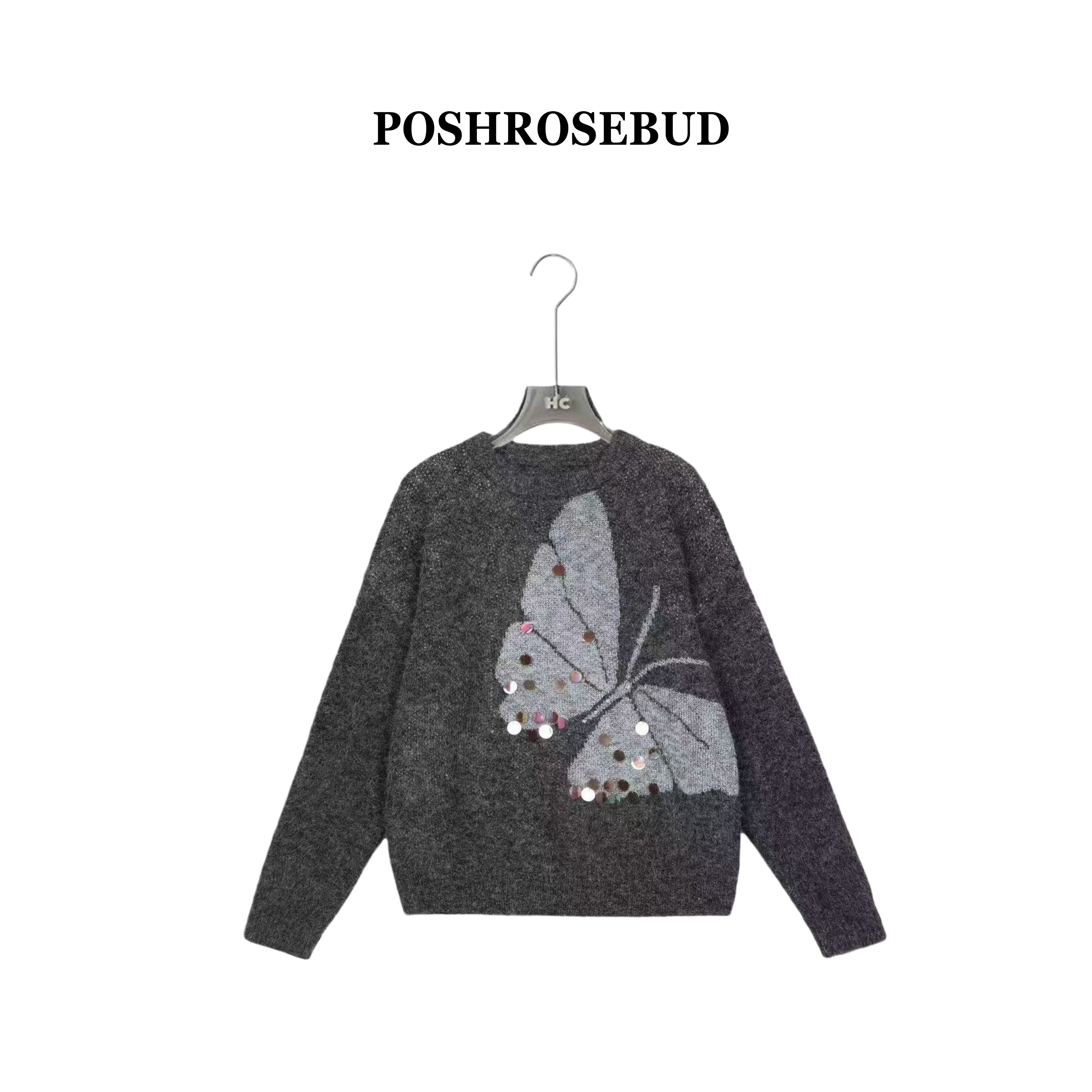 【POSHROSEBUD】花间蝶&设计师款秋冬宽松慵懒风针织衫上衣女2667