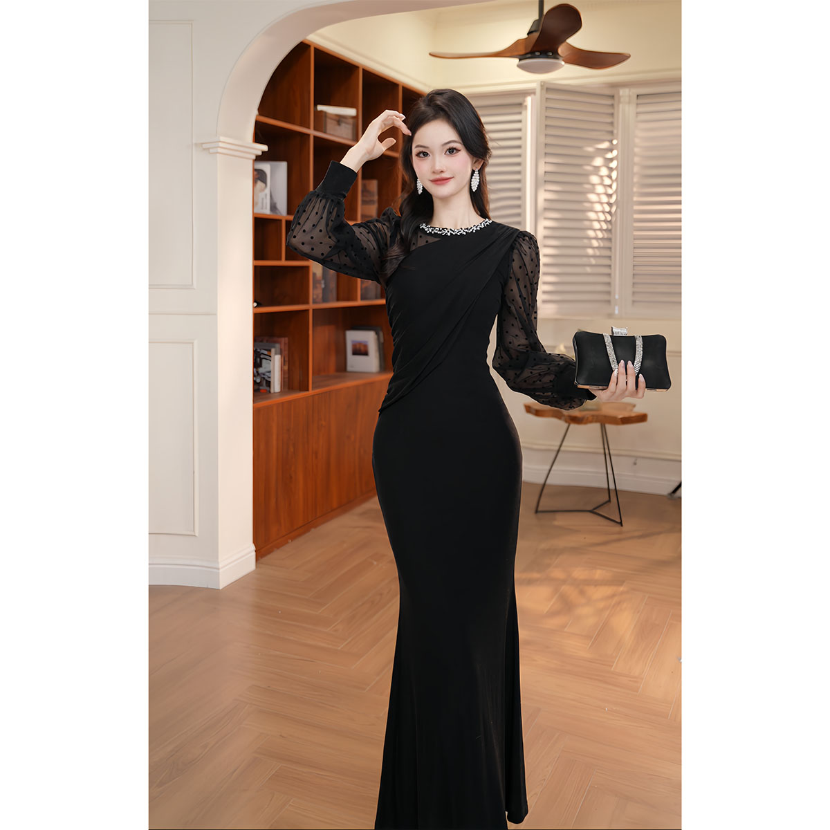 【香香定制】新款时尚气质显瘦修身黑色法式拼接长款连衣裙21898