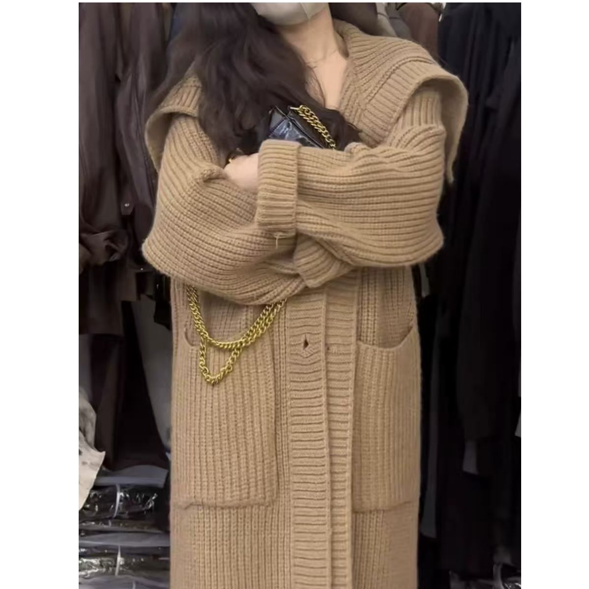 长款翻领毛衣外套女秋冬慵懒风宽松气质加厚针织开衫大衣