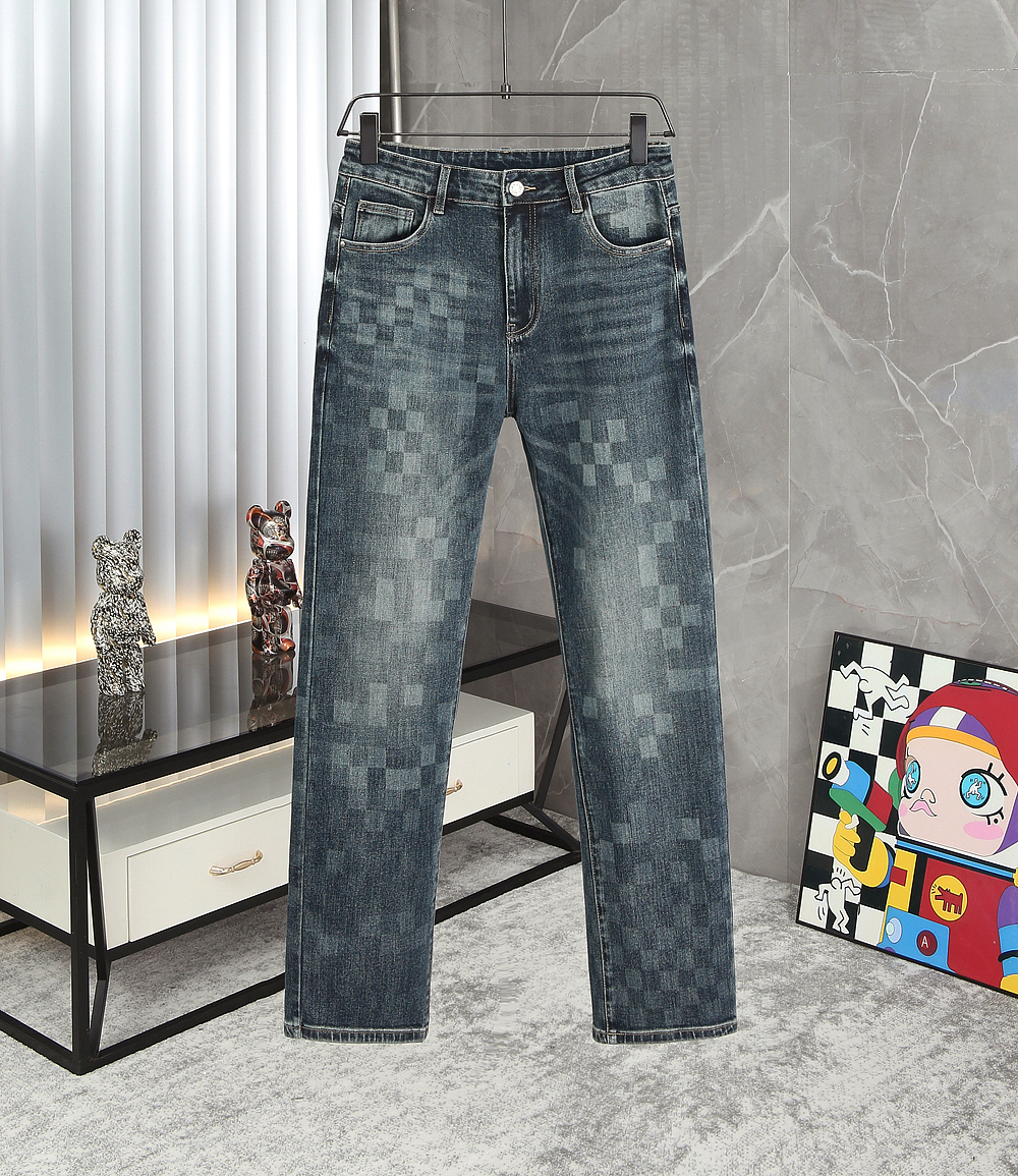 秋冬新款时尚弹力修身牛仔裤男款蓝色潮流印花牛仔裤