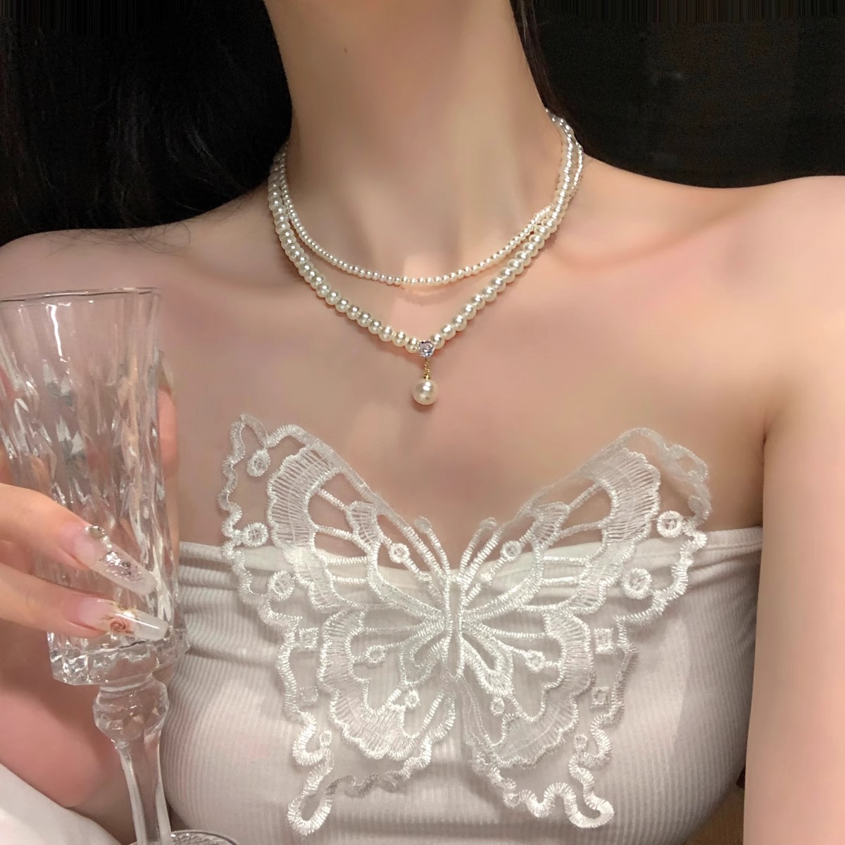 铜合金项链 法式复古~珍珠双层项链女款仙女配饰高级感轻奢锁骨链