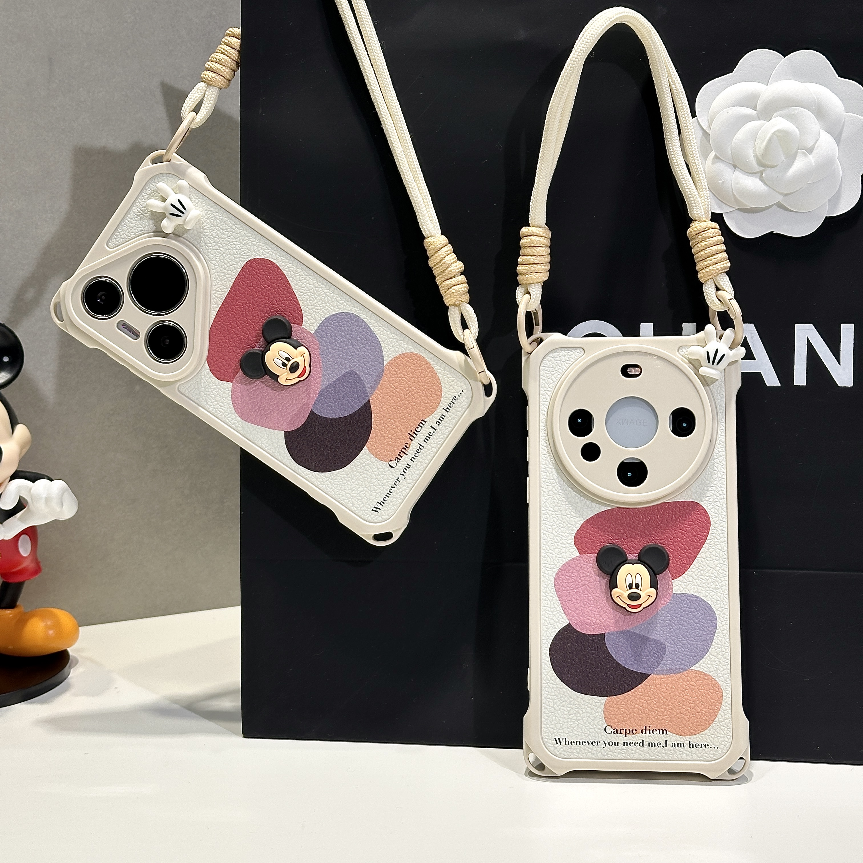 雅天立简约色块米奇适用苹果16华为P70四角挂绳手机壳vivoppo小米