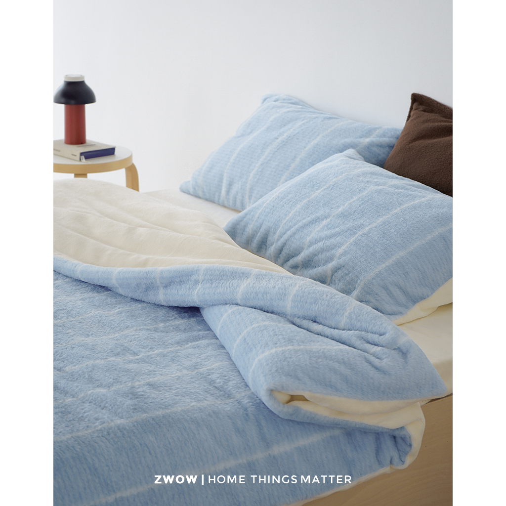造卧zwow仿兔毛绒秋冬季浅蓝白条纹撸猫感柔软保暖床单床笠四件套