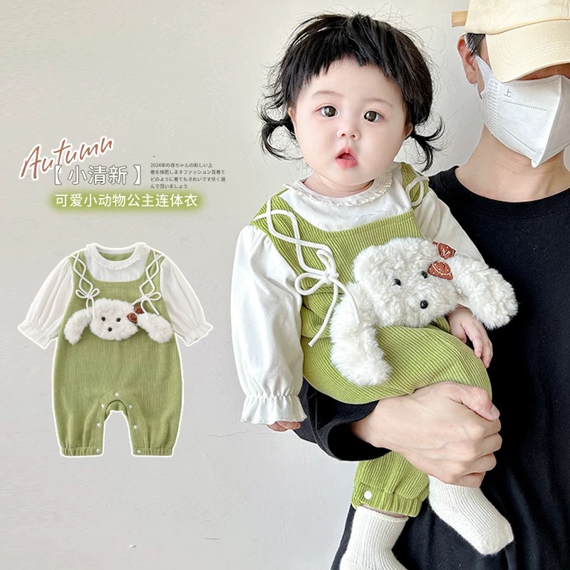 女宝宝超萌连体衣春装婴儿衣服洋气可爱假两件哈衣爬服外出服春季