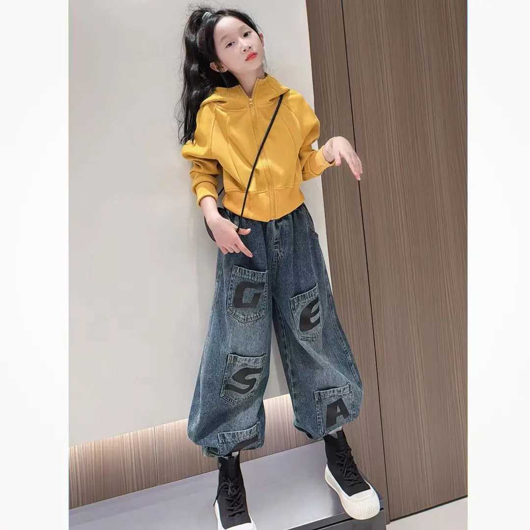 女童套装春秋款新款洋气中大童连帽卫衣儿童宽松牛仔裤两件套