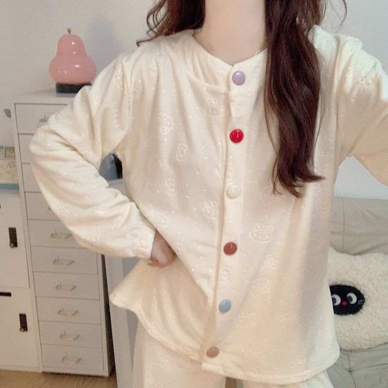 【加厚海岛绒】睡衣女2025新款秋冬季HelloKitty猫珊瑚绒家居服套装