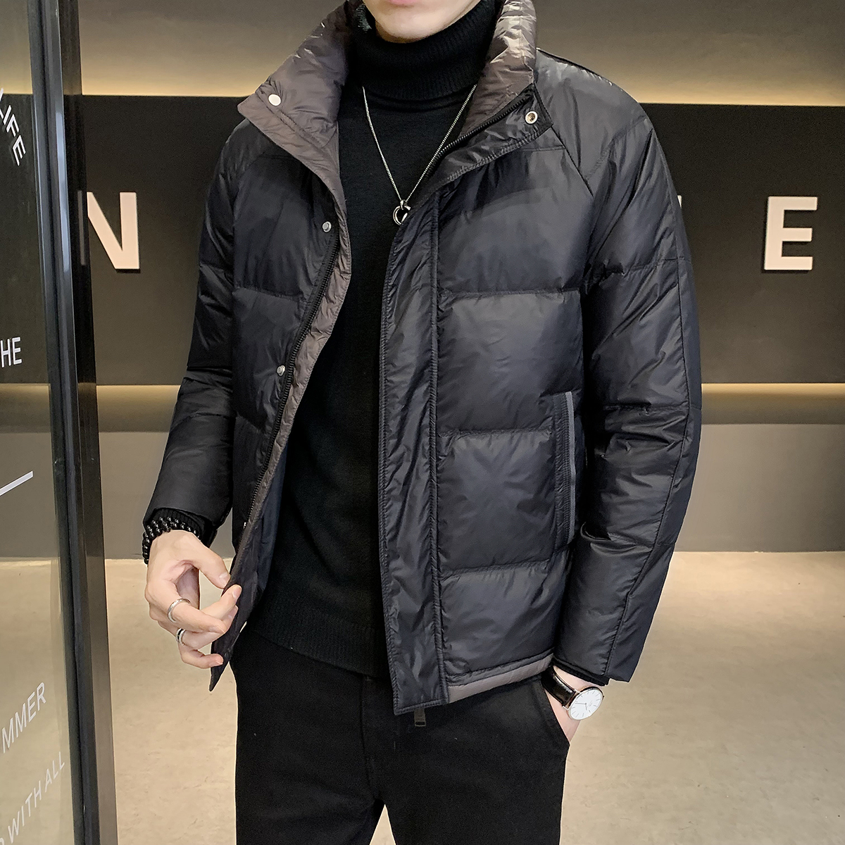 曼德西比利拼色立领加厚羽绒服外套男冬季保暖2025年新款帅气短款