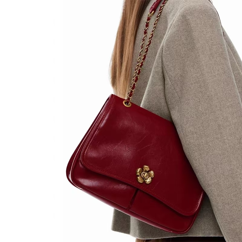 高级感链条斜挎包女新款红色婚包牛皮包包新娘礼物腋下包大容量